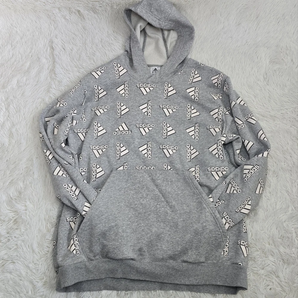 Adidas Gray And White All Over Print Fleece Hoodie Men's 2XL